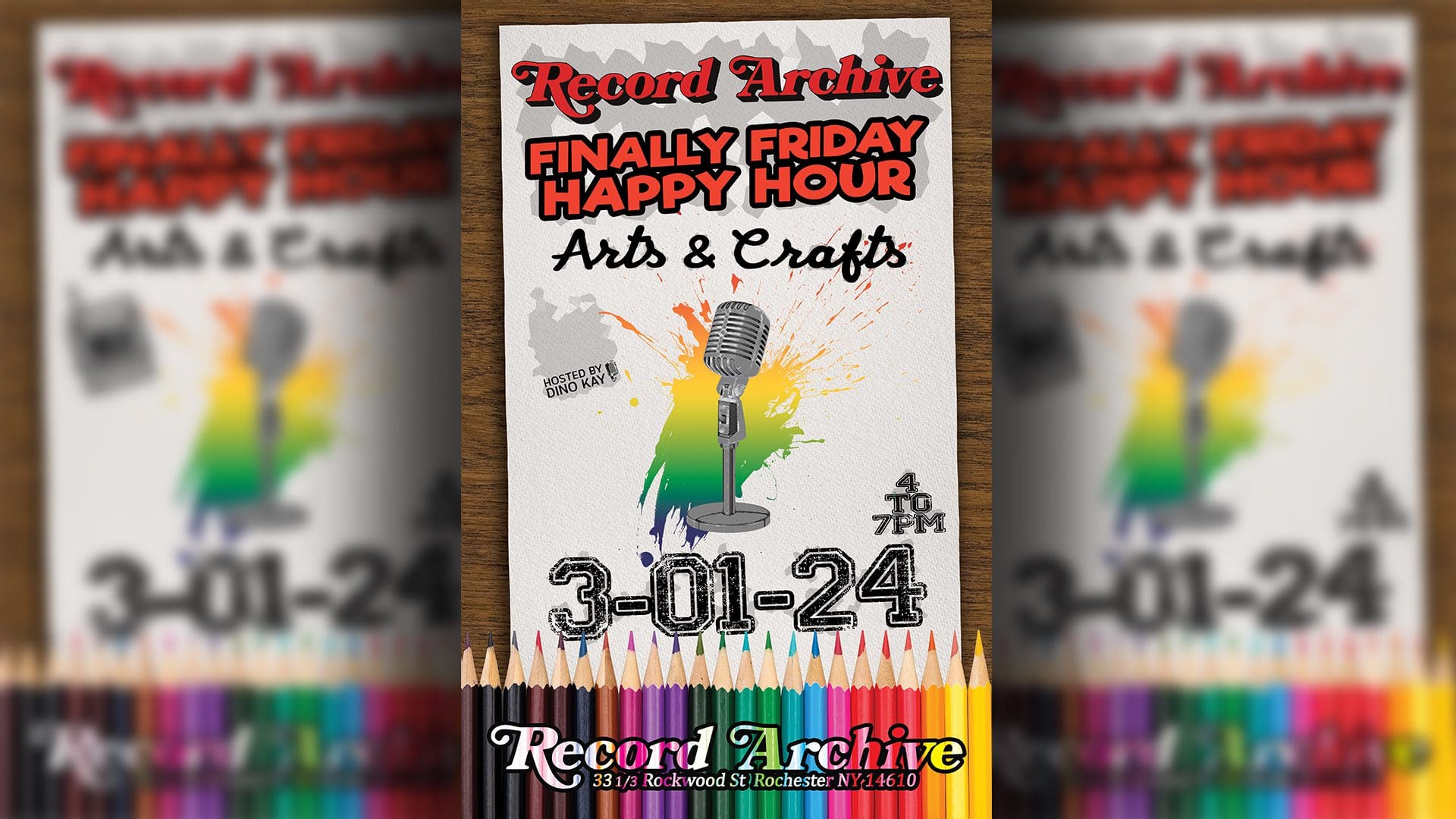 Record Archive Finally Friday Happy Hour. Arts & Crafts. 3-01-24. 4-7pm. Record Archive 33 1/3 Rockwood St Rochester NY 14610