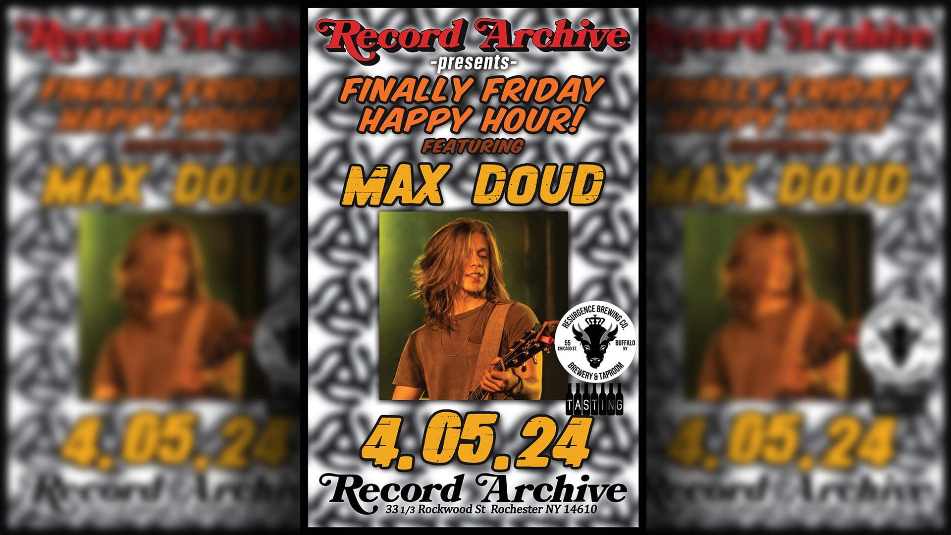 Record Archive presents Finally Friday Happy Hour featuring Max Doud. Resurgence Brewery tasting. 4.05.24. Record Archive 33 1/3 Rockwood St Rochester NY 14610