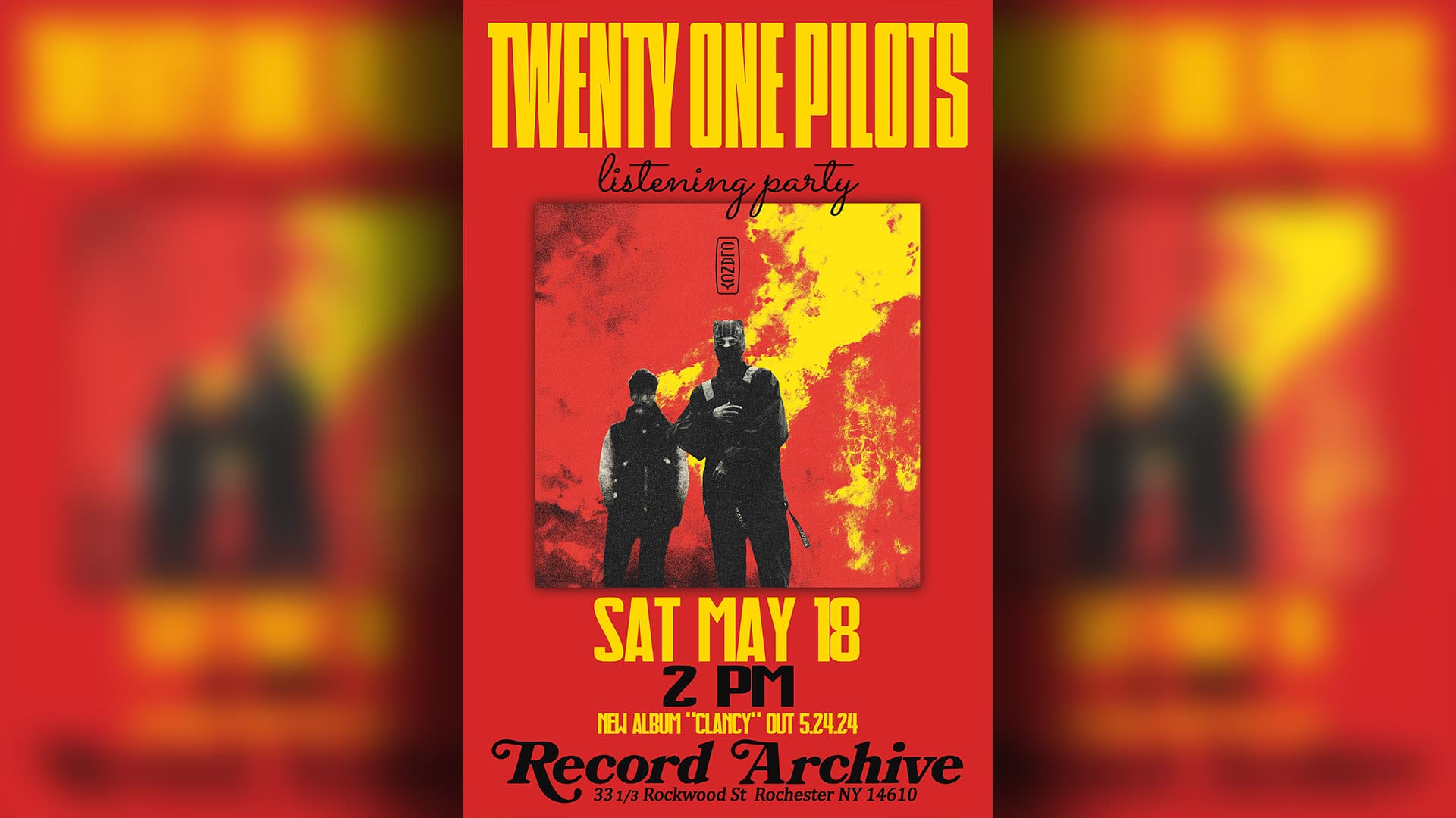 Twenty One Pilots listening party SAT MAY 18 2pm New Album "Clancy" Out 5.24.24 Record Archive 33 1/3 Rockwood St 14610